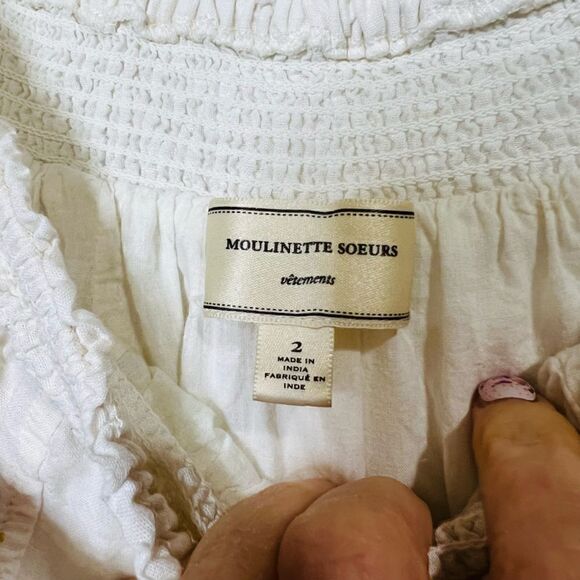 Moulinette Soeurs Anthropologie White Cotton Floral Embroidered Top Pom Tassels - Picture 7 of 10